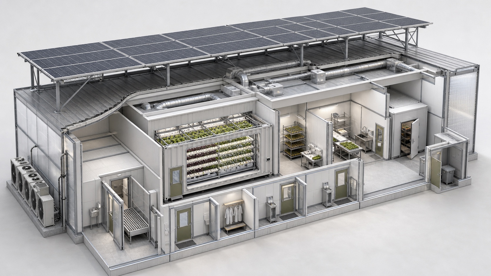 Grey-white concept visual of a solar-roofed building with an internal cultivation module